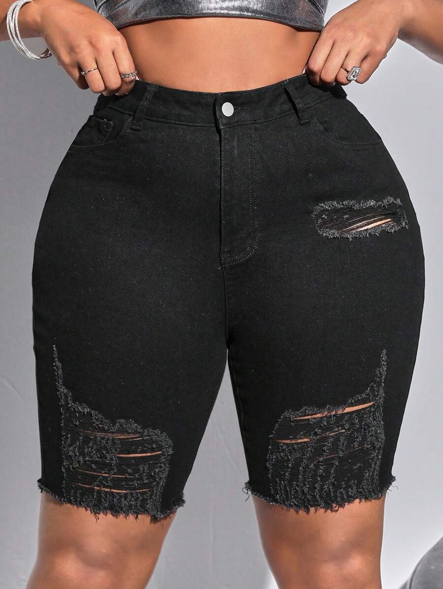 SHEIN SXY 大碼破洞彈性牛仔短褲 - 黑色 - 查看 1