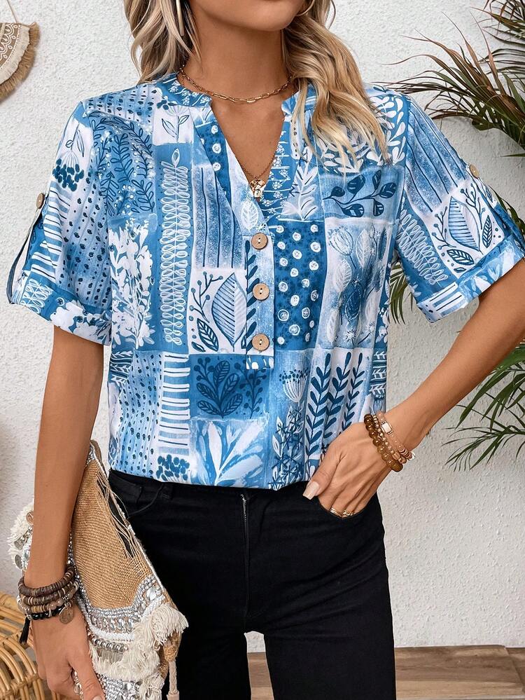Full Print Notch Neck Blouse