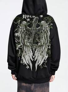 Grunge Punk Của phụ nữ Áo nỉ có mũ Với Trở lại Cánh Và Đầy sao Cây nho Mẫu In hoa - màu đen - Xem 6