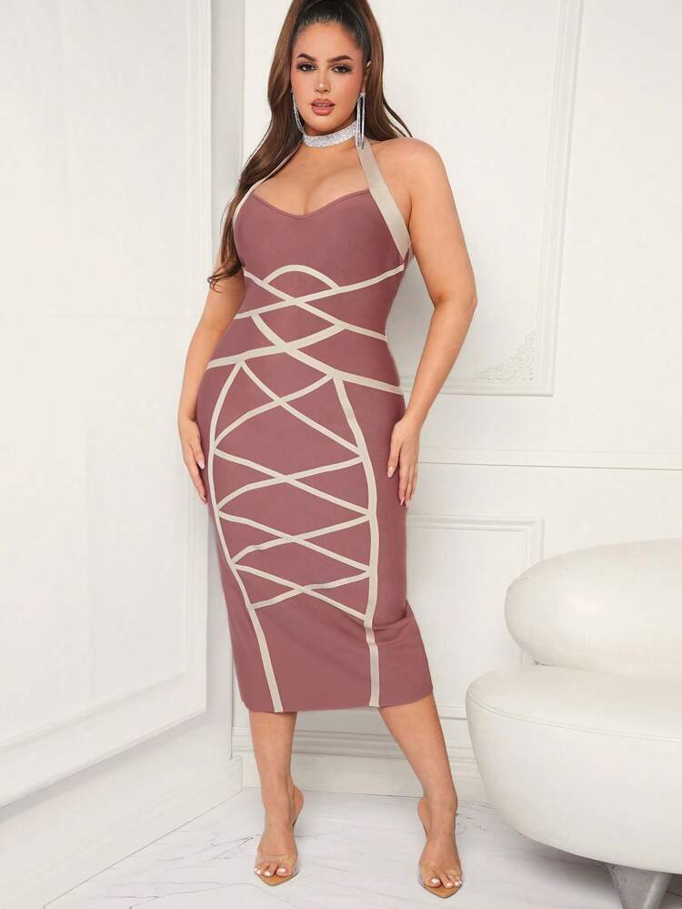 Plus Size Spring Summer Sexy Outfits Colorblock Halter Bandage Bodycon Dress