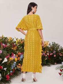 Modelyn Women's Solid Color Textured Ruffle Hem Batwing Sleeve Dress Long Evening Dresses - Yellow - View 7