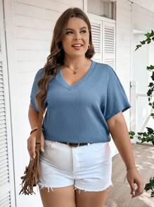 SHEIN LUNE Plus Size Women's Solid Color V-Neck Short Sleeve T-Shirt