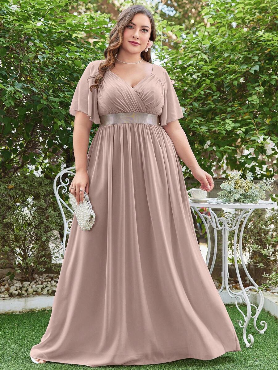 UNITHORSE Plus Size Women's Bridesmaid Chiffon Dress With Ruched Chest And Flare Sleeve - Baby Pink - View 1
