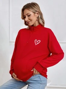 SHEIN Maternity Heart Pattern Print Half Zip Sweatshirt, For Winter - Red - View 3