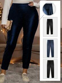 SHEIN LUNE Plus Size High Waist Bodycon Pants - Navy Blue - View 4