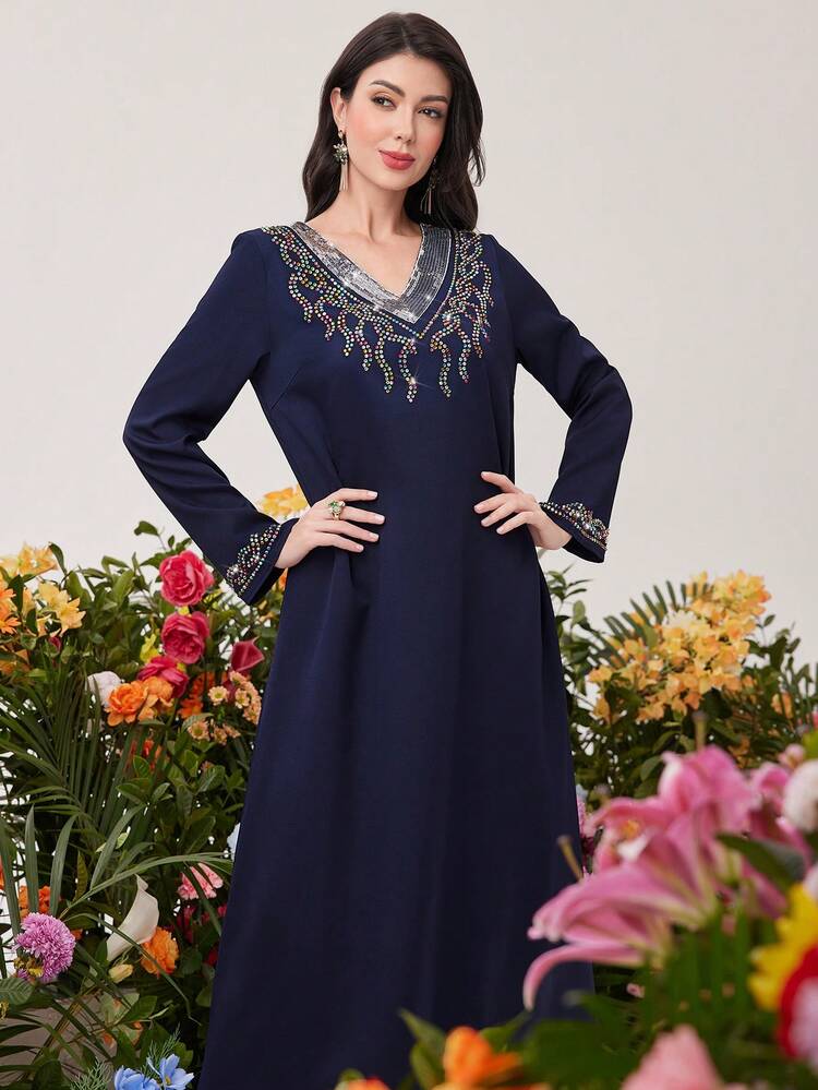 Women's Long Sleeve Jalabiya Dress With Colorful Rhinestone Decoration, Elegant Evening Party Dress Fall Cloth For Women