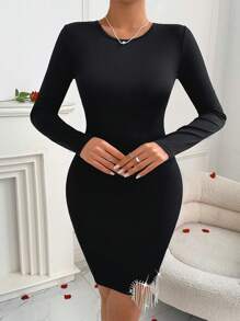 SHEIN Privé 女士情人節心形鑽石和流蘇細節貼身束縮連衣裙,適合約會和假期 - 黑色 - 查看 7