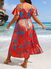 SHEIN Clasi Plus Size Tropical Print Cross Halterneck Short Sleeve Flare Dress - Multicolor - View 2