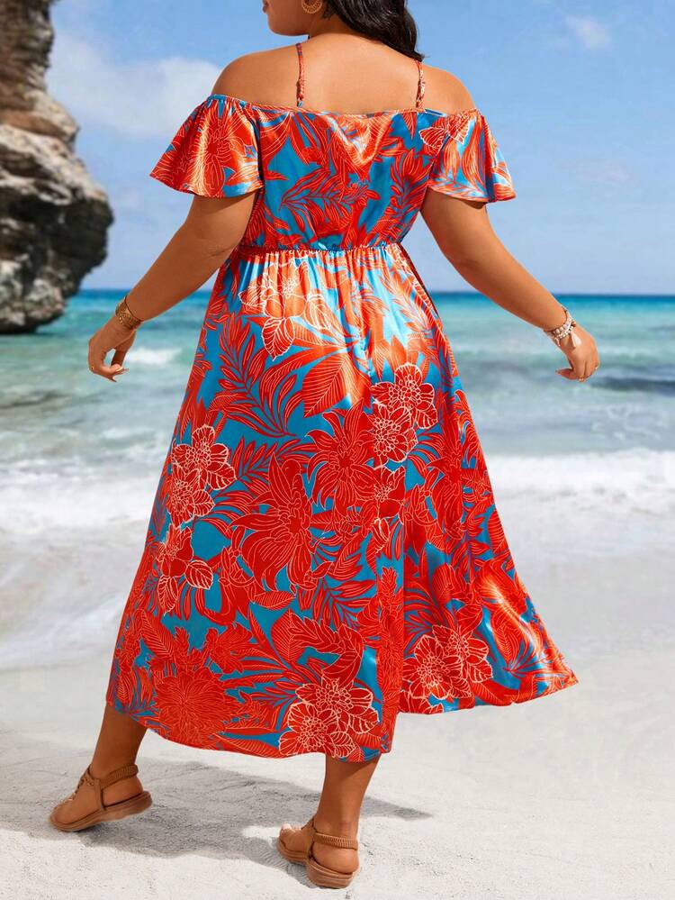 Plus Size Tropical Print Cross Halterneck Short Sleeve Flare Dress
