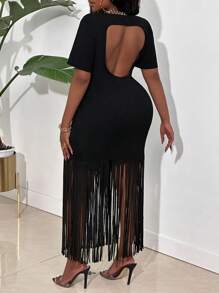 Slaydiva Kích thước lớn Viền tua Vá lại Xu hướng: Cắt giảm Đầm - màu đen - Xem 3