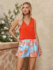 SHEIN LUNE 女性夏季假日兩件套裝：橙色背心和短褲,帶有聖派屈克節元素 - 橘色 - 查看 5