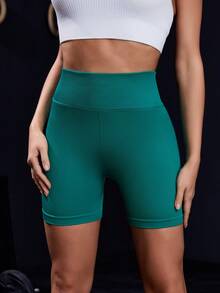 SHEIN Yoga Basic Solid Color Wide Waistband Athletic Shorts Seamless Yoga Shortsbutt Lifting Shorts - Green - View 4