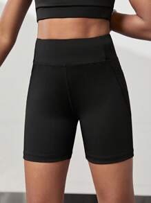 SHEIN Solid Color Pocket Design Running Shorts For Tween Girls - Black - View 5