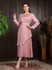Modelyn Round Neck Long Sleeve Double Layer Pleated Hem Dress Long Evening Dresses - Pink - View 6