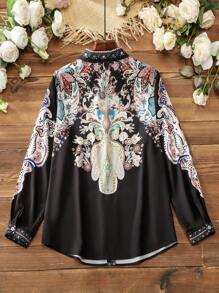 Lacomfia Plus Size Women's Floral Print Long Sleeve Shirt - Multicolor - View 2