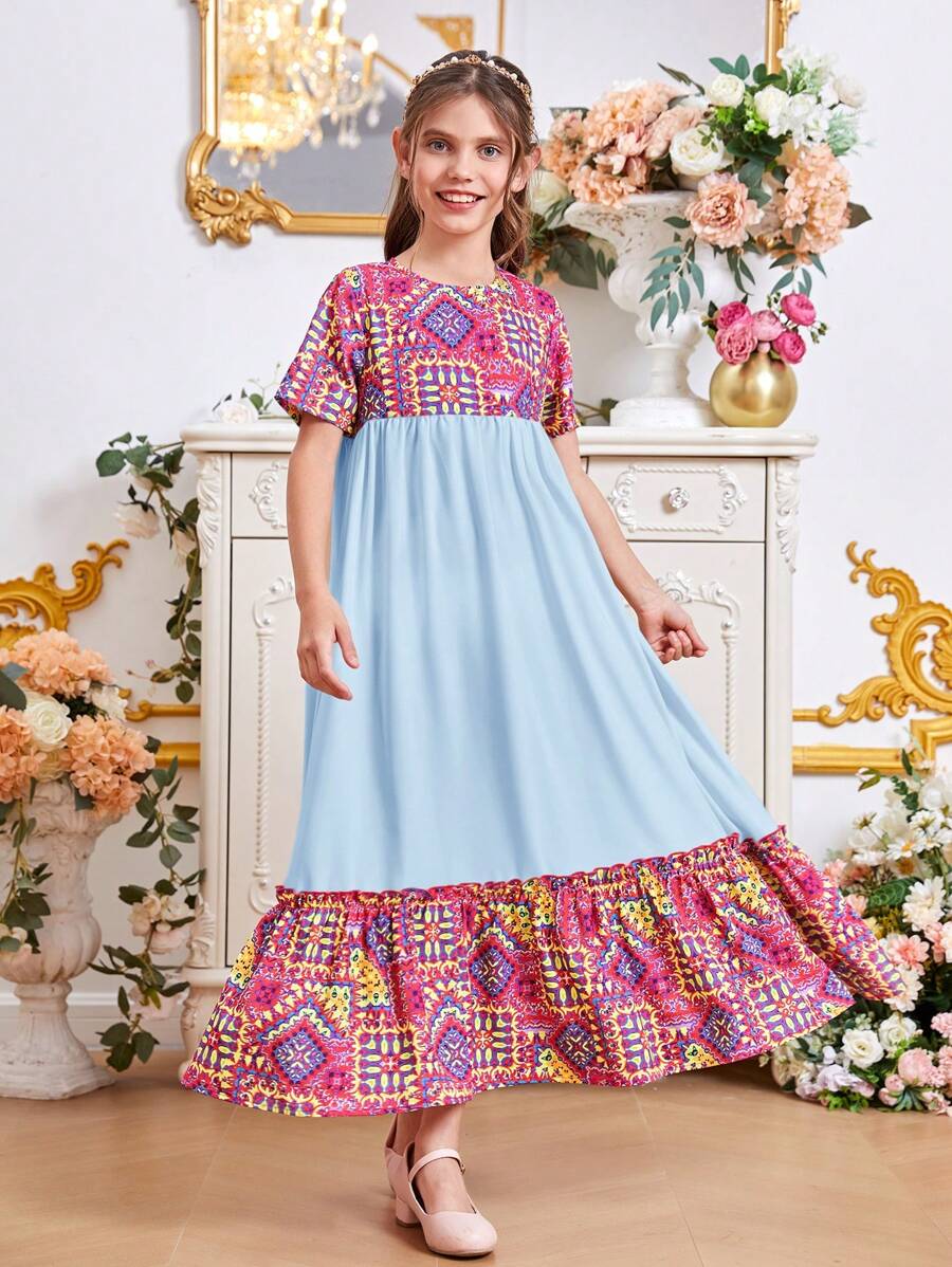 SHEIN Leap Crew Tween Girls' Geometric Print Spliced Solid Color Short Sleeve Dress With Ruffle Hem For Loose Beach Wear - Baby Blue - View 1