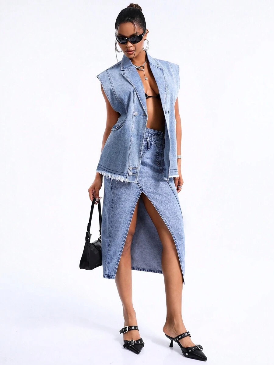 SHEIN BAE Denim Jacket With Frayed Lapels - Blue - View 1