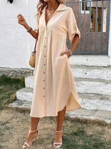 Breezaya Đầm Maxi Tay Lửng Cho Nữ Trang Phục Đi Biển Kỳ Nghỉ - Màu be - Xem 5