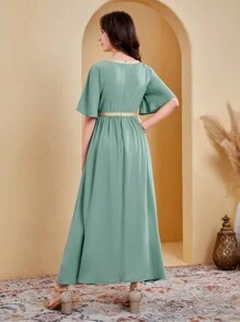 SHEIN Leap Crew Teen Girls' Bohemian Patckwork Belt Short Sleeve Long Green Dress For Holiday Church Dresses - Green - View 2