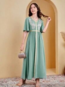 SHEIN Leap Crew Teen Girls' Bohemian Patckwork Belt Short Sleeve Long Green Dress For Holiday Church Dresses - Green - View 5