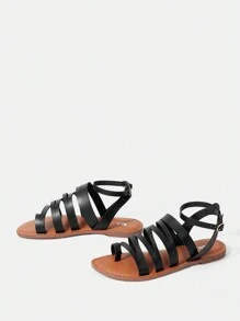 SheIn VCAY Women'S Flat Round Toe Ankle Strap Vacation Style Sandals - Black - View 3