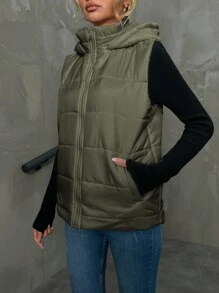 RueChic Pocket Side Zipper Front Vest Hooded Puffer Coat - Green - View 3