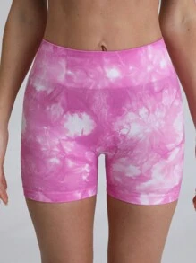 Tie Dye Wideband Waist Sports Shorts Legging ShortsWomen Sweat Short, Gym Short, Biker Short - Pink - View 3