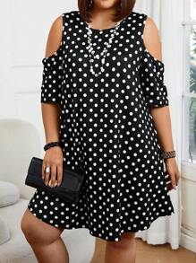EMERY ROSE Plus Size Women's Polka Dot Cold Shoulder Dress, For Summer - Navy Blue - View 4
