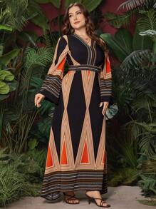 Al Najma Plus Size Women's Geometric Pattern Flare Sleeve Arabian Dress Kaftan Jalabiya Dress - Multicolor - View 5