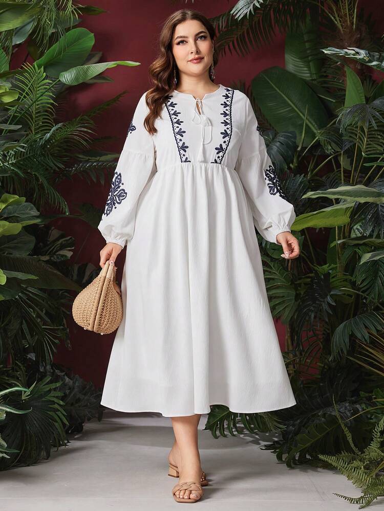 Plus Size Lantern Sleeve Embroidered Dress With Knotted Mandarin Collar Detail