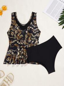 SHEIN Swim Tankini largo estampado al azar con contraste de malla y estampado de tigre para el verano - Multicolor - Ver 3