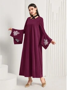 Al Najma 女士刺繡阿拉伯風格交叉領連衣裙 - 紫羅蘭色 - 查看 4