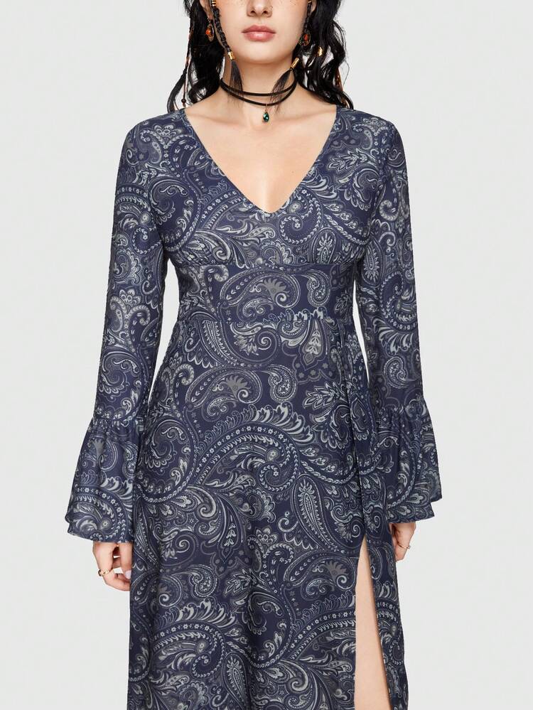 V-Neck Paisley Print Dress With High Side Slit