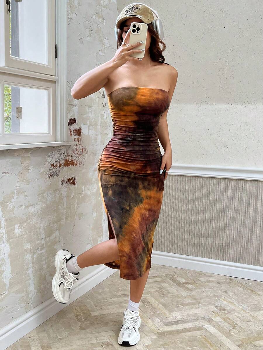 SHEIN EZwear 染色針織女士無肩帶連衣裙 - 彩色 - 查看 1