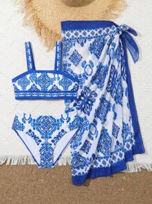 SHEIN Tween Girls' Floral Printed Bikini Swimwear Set - White - View 5