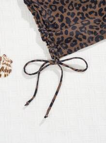 SHEIN Swim 2pcs Vacation Beachwear Set - Solid Color Halter Neck Top & Leopard Print Shorts, Tankini Set Summer - Multicolor - View 6