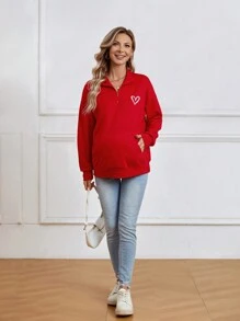 SHEIN Maternity Heart Pattern Print Half Zip Sweatshirt, For Winter - Red - View 5