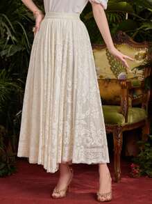 Modelyn Damen Jacquard Maxirock in Spitze, Einfarbig