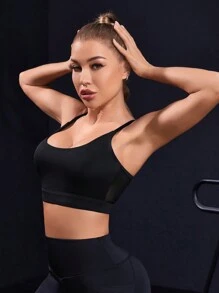 SHEIN Daily&Casual 優雅性感的女士瑜珈運動胸罩,配有網紗肩帶 - 黑色 - 查看 5