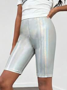 SHEIN Cô gái Tween Mát mẻ Phong cách đường phố Mùa xuân/Mùa hè Dệt kim Độ co giãn Cao Quần short - Bạc - Xem 3