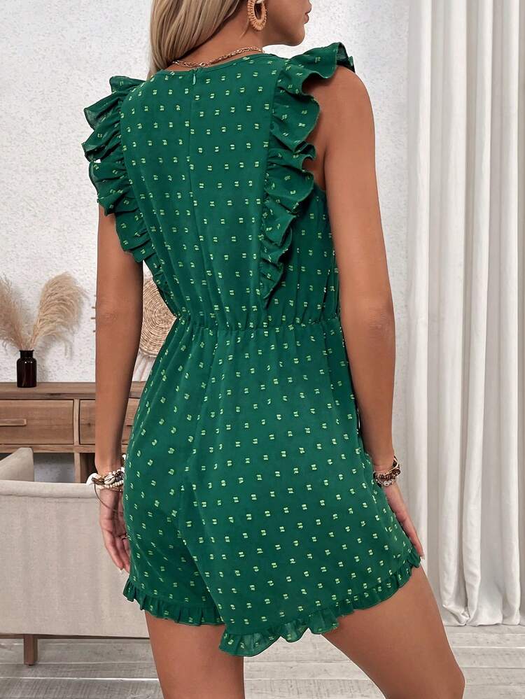 Women's Polka Dot Lace Patchwork Ruffle Trim Jumpsuit