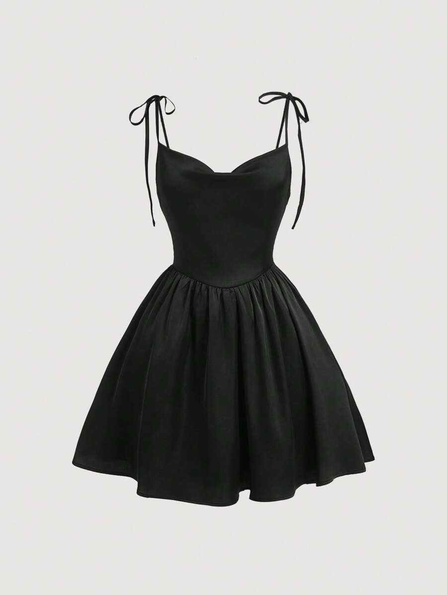 SHEIN MOD Đầm cổ tròn buộc vai cho nữ - màu đen - Xem 1