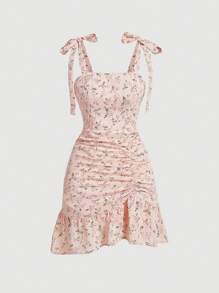 SHEIN MOD Váy xếp nếp buộc vai họa tiết hoa cho nữ - Hồng - Xem 1