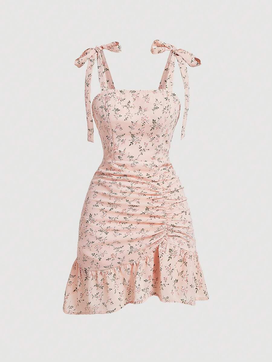 SHEIN MOD Váy xếp nếp buộc vai họa tiết hoa cho nữ - Hồng - Xem 1