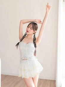 SHEINNeu 夏季白色裙子芭蕾蝴蝶结可爱公主裙撞色蕾丝荷叶边迷你短裙 - 白色 - 查看 4