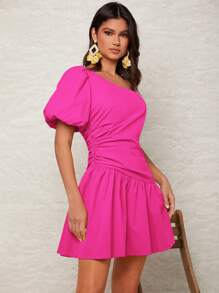 Soleia Vestido Unicolor Con Dobladillo Con Volantes Y Un Hombro - Rosa Fucsia - Ver 6