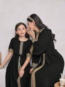 Al Najma 女款拼布編織腰帶長袖土耳其束腰外衣 - 黑色 - 查看 1