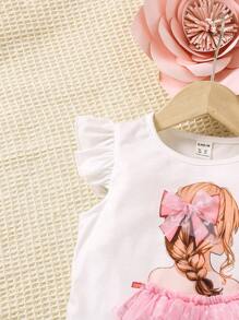 SHEIN Genkimix Kids Young Girl Cartoon Character Print Mesh Splice Cap Sleeve Top And Heart Mesh Skirt Two-Piece Set - Multicolor - View 6