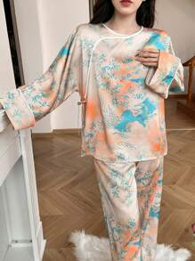 DAZY Chinese Style Contrast Piping Printed Pajama Set - Orange - View 4