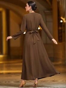 Modelyn Cà phê Làm thủ công Kết cườm Eo Kẹp chặt Đầm - Cà phê - Xem 2